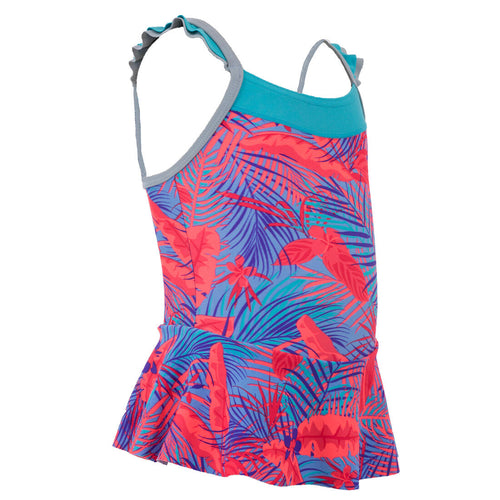 





Blue one-piece baby's swimsuit with leaf print skirt